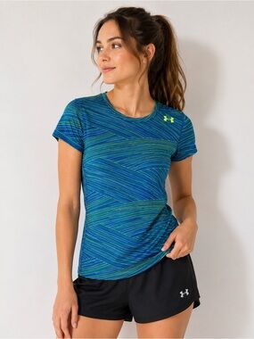 Under Armour‎ HeatGear Blue Green Printed Athletic Tee XS